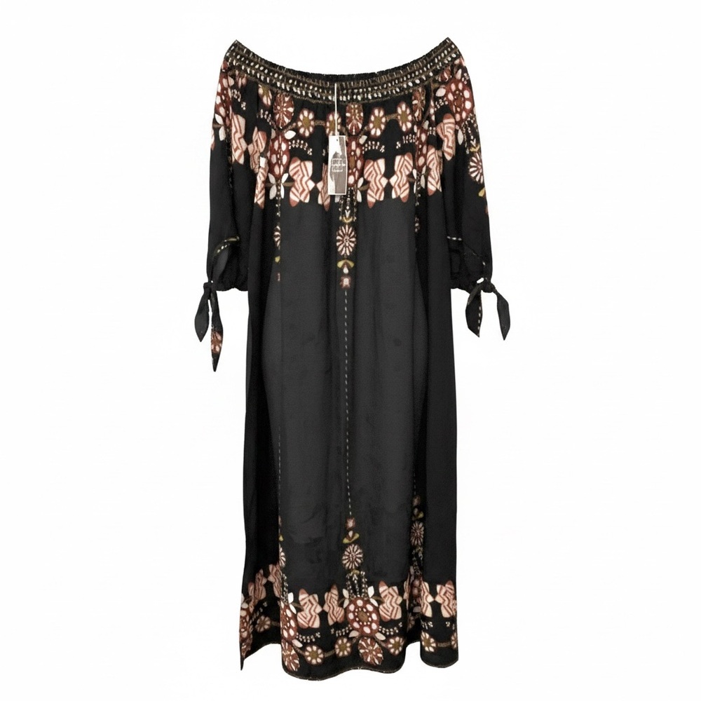 NWT Boho Caftan Maxi Dress One Size Black Floral Off Shoulder Pockets Slits